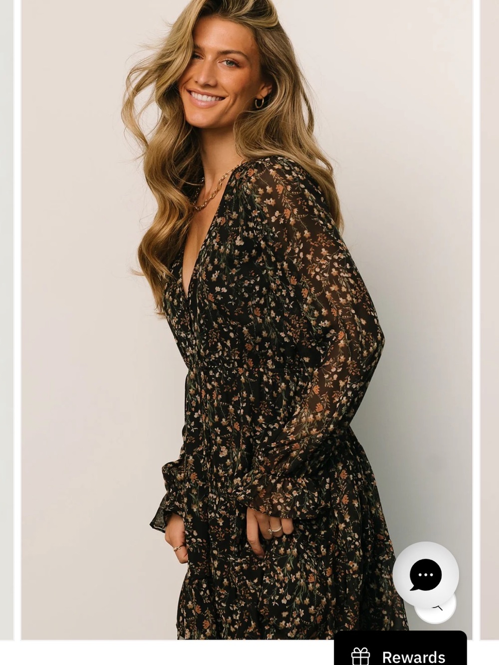Baltic Born Black Floral V-Neck Long Sleeve Midi Dress